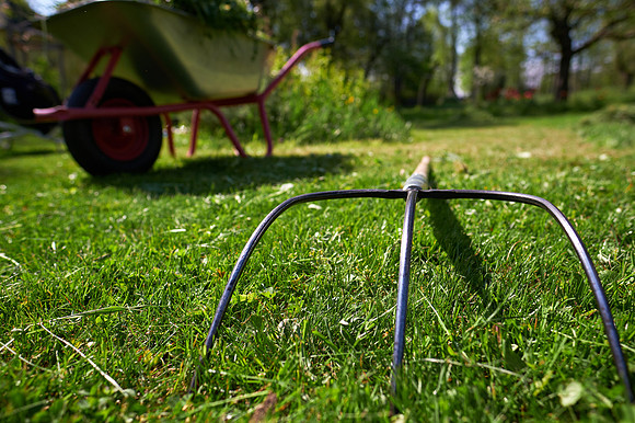 Heugabel und ein Schubkarren auf der Wiese